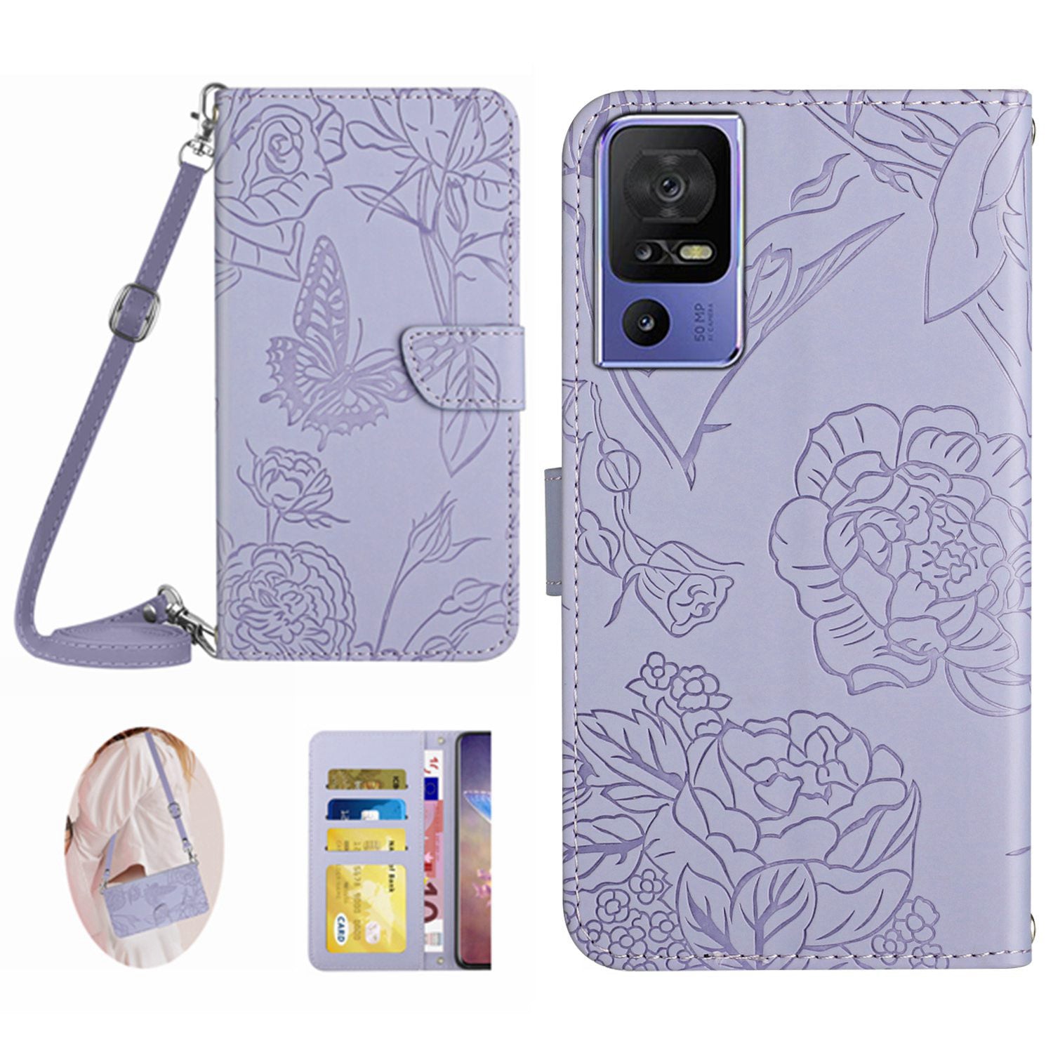 HT03 PU Leather Case for TCL 40 SE Butterfly Flowers Imprinted Stand Wallet Phone Cover with Shoulder Strap HT03 PU Leather Case for TCL 40 SE Butterfly Flowers Imprinted Stand Wallet Phone Cover with Shoulder Strap